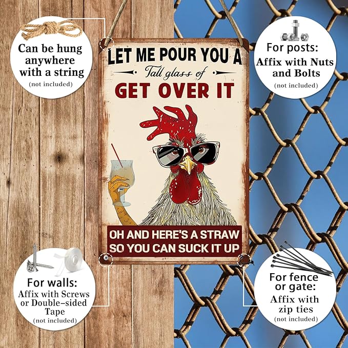 Get Over It Oh Metal Sign - Humorous Chicken Coop Decor - 8x12 Inch