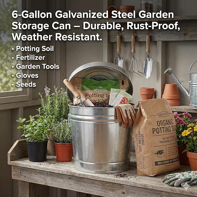 6-Gallon Galvanized Steel Storage Can with Lid, Heavy-Duty Metal Trash Can for Outdoor, Indoor Use, Pet Food Container, Bird Seed Storage, Ash Bucket, Rodent Proof, Ideal for Garage, Garden, Patio