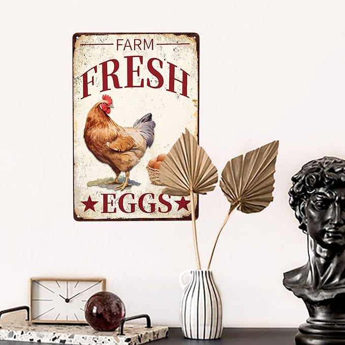 Chicken Vintage Metal Poster Farm Fresh Eggs Sign Decor-Retro Aluminum Funny Metal Tin Sign for Kitchen Farmhouse Store Market Country Farm Barn Supermarket, Outdoor Wall Signs Gift, 12''x 8''