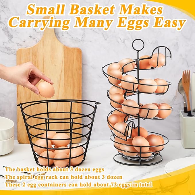 Zubebe 2 Pcs Egg Basket Storage, Spiral Fresh Egg Collecting Holder Countertop Metal Wire Rack Functional Dispenser for Kitchen Display(14.6'', Storage Basket Style)