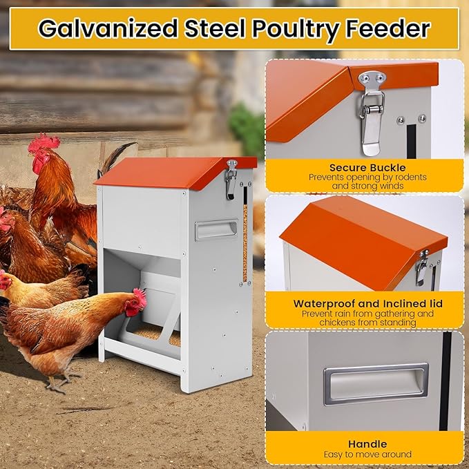 20Lbs Automatic Chicken Feeder Large Poultry Feeders No Waste Outdoors Metal Hanging Chicken Feeder Trough Dispenser with Lid and Visual Window for Chicken Poultry Turkey Duck