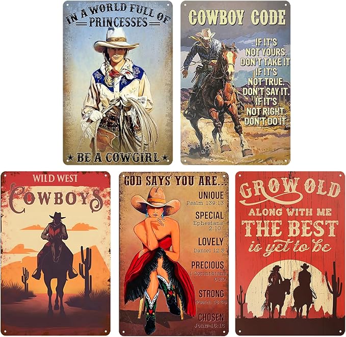 5pcs Vintage Western Cowboy Tin Sign - Retro Metal Wall Art Decor for Garage, Man Cave, Bar, or Home - 8x12 Inch - Perfect for Western Theme, Rustic Decor, and Gift Ideas