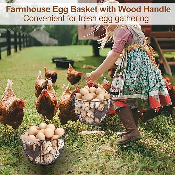 2 PCS OGANAZI Farmhouse Egg 8'' Basket for Gathering Fresh Eggs, Rustic Metal Wire Chicken Eggs Holder Basket for Countertop Kitchen, Wire Egg Basket Vintage Style, Round, Rooster Pattern