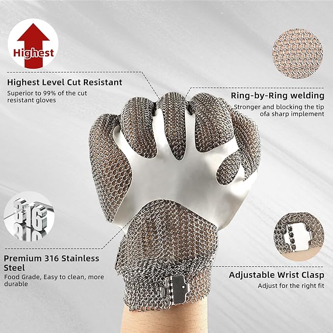Schwer ProGuard-X A9 Cut Resistant Stainless Steel Metal Mesh Chainmail Glove PM5201 Butcher Glove for Meat Cutting Food Processing Knife Sharpening Oyster Shucking Kitchen Fish Fillet, XL