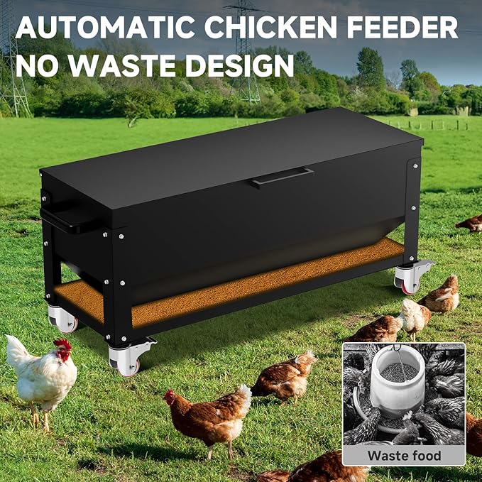 Heavy Duty Chicken Feeder 120 lbs Large Capacity, Metal Automatic Poultry Feeding Box with Waterproof Lid, Raised Standing Feeder with Wheels for Hens & Roosters, Portable & Easy to Move