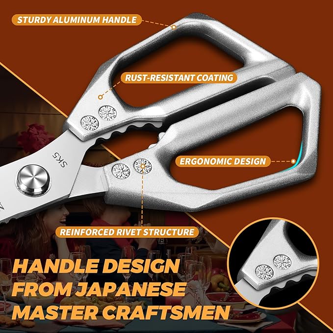 Plys Poultry Shears, Kitchen Scissors for Food, Japanese All Purpose Heavy Duty for Chicken Wing/Bone, Meat, Quail, Fish, Turkey, Vegetables, Stainless Steel Cooking Aid Scissors, Dishwasher Safe
