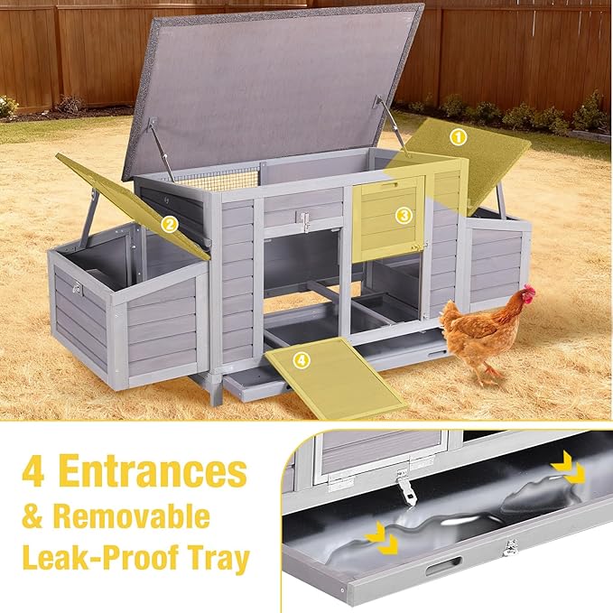 Aivituvin Large Wooden Chicken Coop, Double Nesting Boxes, Waterproof Asphalt Roof, Stainless Steel Hardware, Pull-Out Tray, Secure Poultry House for 2–4 Chickens
