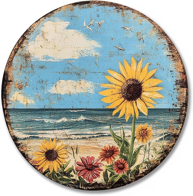 Round Tin Sign Summer Sunflower Metal Tin Sign for Home Farm House Rustic Garden Yard Vintage Outdoor Outside Porch Wreath Wall Funny Decor 12 Inch