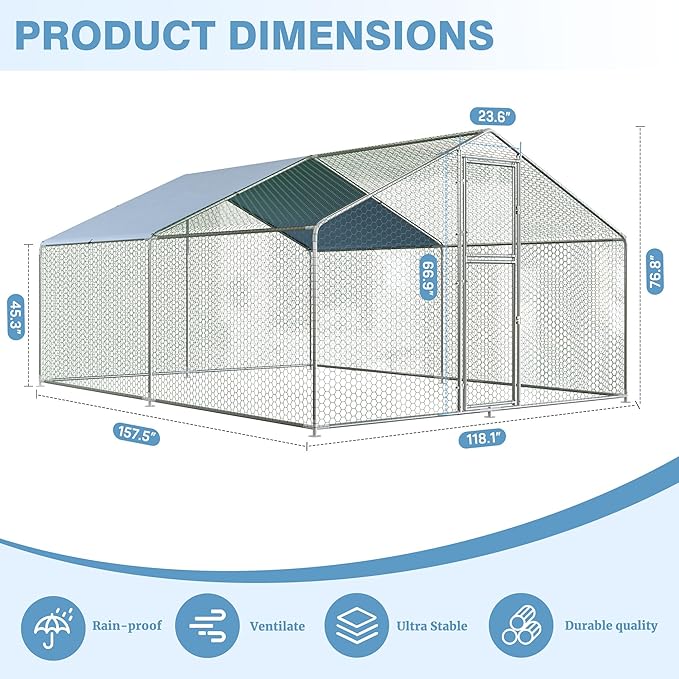Polar Aurora Metal Chicken Coop, Large Outdoor Chicken Pen, Walk-in Chicken Run for 6-20 Chickens, Double Door Chicken House with Waterproof UV Protection Cover for Backyard (Spire-M)