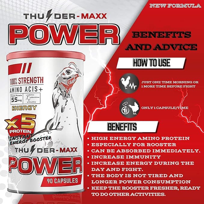 New Thunder Max Vitamins Health Supplement Capsules Rooster Booster Chicken Increasing Energy Formula Feed Cock, Good Breeding, Stronger & More Power, Healthy 90 Capsules Hen Food