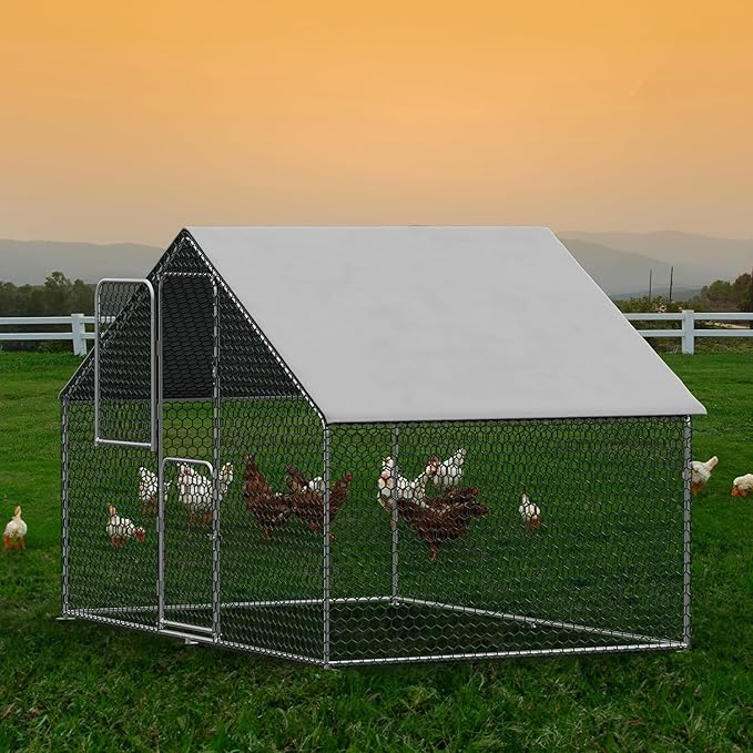 UDPATIO Walk-in Chicken Coop - Spacious Outdoor Chicken Pen Metal Pen for 10 Chickens, Double Feed Doors, UV-Resistant Cover & Galvanized Steel Frame