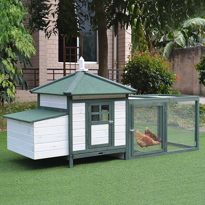 PawHut 77" Wooden Chicken Coop with Nesting Box, Cute Outdoor Hen House with Removable Tray, Ramp Run, for Garden Backyard, Green
