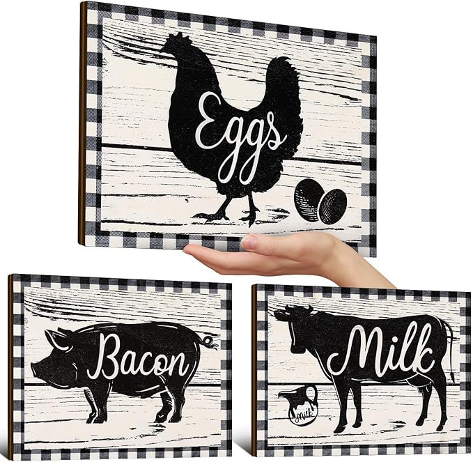 Jetec 3 Pieces Farmhouse Kitchen Decor Wooden Pig Cow Chicken Signs Rustic Buffalo Plaid Wall Art Farm Animal Plaque for Kitchen Home Wall Decorations, 13.8 x 10.3 Inch