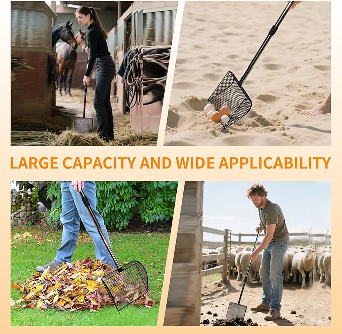 Chicken Poop Scooper & Rake 2-in-1 Metal Coop Shovel,Adjustable Stainless Steel Handle,Cleaning Tools for Chicken Coops & Farm Animals Scoop for Litter Scooper Sand Sifting Shovel Chicken Coops