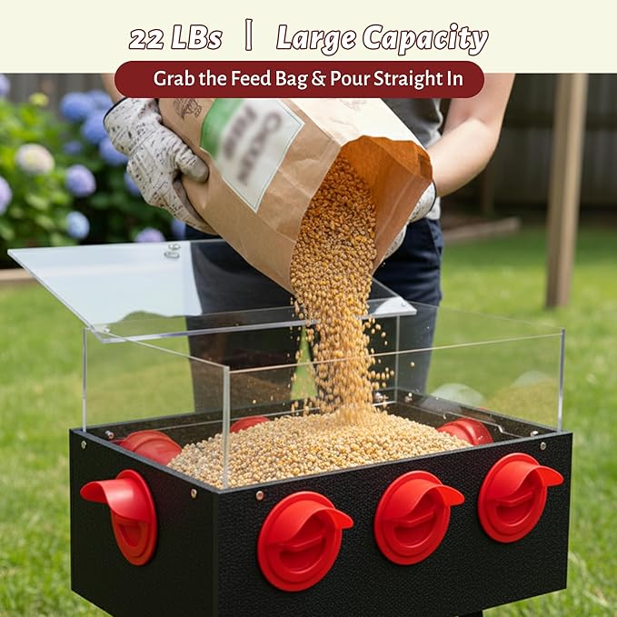 KOL No-Waste Chicken Feeder, 22LB Poultry Feeder with 6 Anti-Spill Ports, Clear-View HIPS & Acrylic Design, Foldable Stand for Hens and Chicks – Automatic Gravity-Flow Feeder