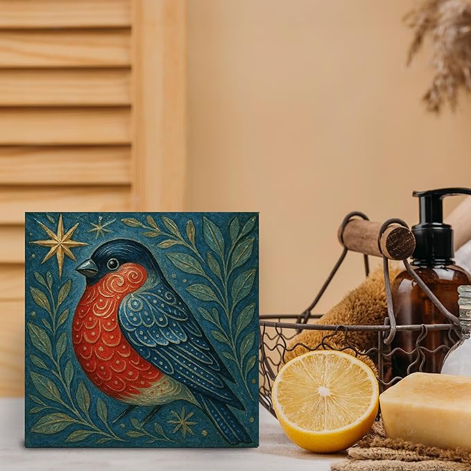 Cardinal Bird Wooden Sign - Navidad Xmas Decoration, Christmas Art Ornament, Bird Christian Wooden Box Sign for Home Kitchen Bathroom Library Table Desk Shelf Decoration, 5x5 Inch