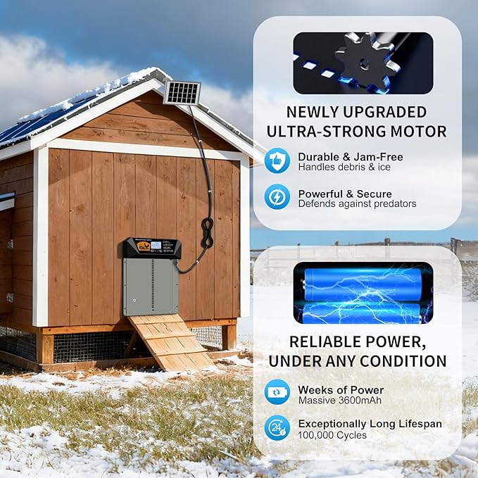 Extra Large Automatic Chicken Coop Door Solar Powered, 16'' x 12'' Aluminum Auto Chicken Coop Door with Timer, Remote, Anti-Pinch, Weatherproof for Chickens, Ducks & Geese