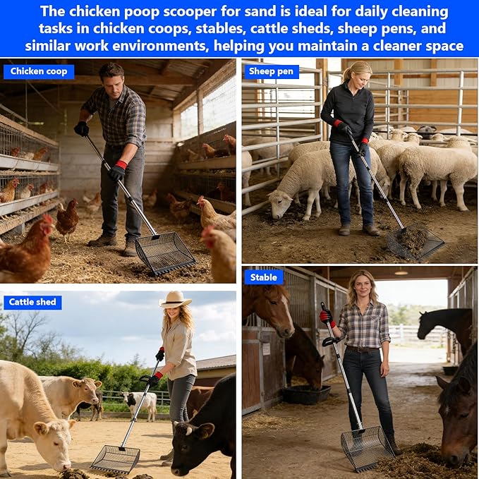 13-inch Sand-Grade Chicken Poop Scooper, Large Adjustable Metal Poultry House Manure Scoop, Chicken Poop Scooper Suitable for Cleaning Chicken Coops, Stables, Gardens, and Small Farms