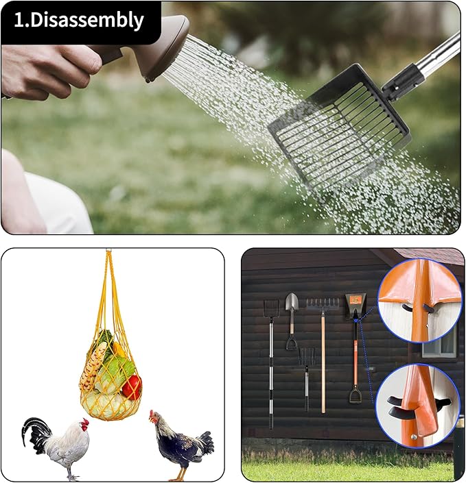 Chicken Poop Scooper Tool - Chicken Coop Cleaning Extendable & Detachable 3-in-1for Chicken Poop, and Wood Shavings | Ideal for Poultry | Perfect for Backyard Chicken Keepers and Farm Use (Black)