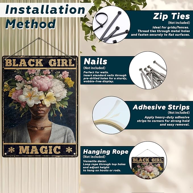 HARIKUIYIN Rutro Metal Tin Sign African American Novelty Plaque Poster Black Girl Magic Metal Poster Office Rustic Home Kitchen Bathroom Cafe Aluminium Sign Wall Decor 16x12 Inch
