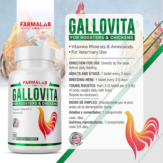 GALLOVITA para Gallos 100Tabs Vitamins Minerals Aminoacids for Rooster Hens Chickens Gamefowl Vitaminas Minerales Aminoacidos