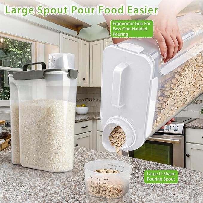 Rice Storage Container, 10 to 20lb Dry Food Airtight Dispenser, Pet Dog Cat Food Canister, BPA Free Clear Plastic Kitchen and Pantry Bin for Oatmeal, Cereal, Pasta, Flour Pack of 2 Grey