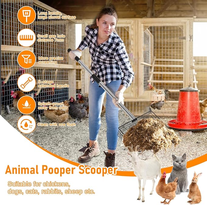 Chicken Poop Scooper, 66.9in Stainless Steel Long Chicken Coop Litter Scoop, Detachable Poop Shovel for Chicken Coop Accessories, Chicken coop Cleaning Tools