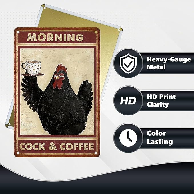 Funny Chicken Metal Signs Coffee Decor Morning Cock And Coffee Tin Signs Vintage Kitchen Metal Decor Rustic Wall Art For Home Farmhouse Coop Farm Poultry House Cafe Bar Office 12 * 8 In