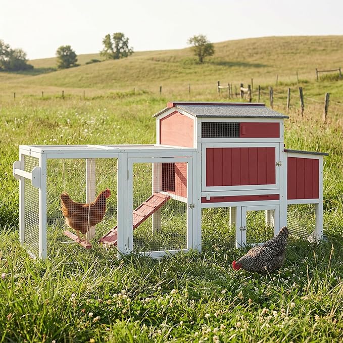 78" Wooden Chicken Coop with Nesting Box, Poultry Cage with Wheel Leak Proof Pull-on Tray and Asphalt Waterproof Roof, Hen House for Garden Backyard Farm