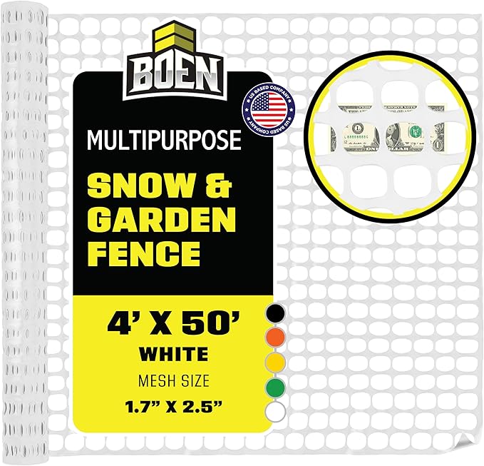 BOEN 4' x 50' White Temporary Fencing, Mesh Snow Fence, Plastic, Safety Garden Netting, Above Ground Barrier, for Deer, Kids, Swimming Pool, Silt, Lawn, Rabbits, Poultry, Dogs