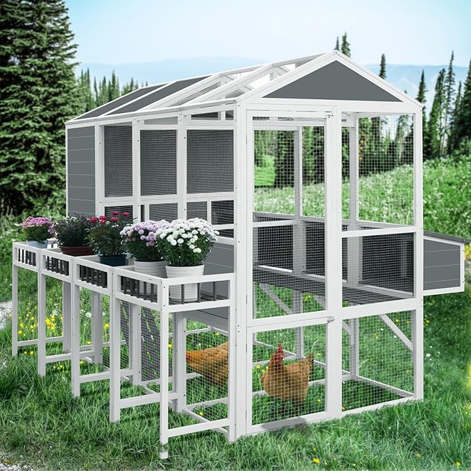 Chicken Coop with Chicken Run, Chicken Coops for 10 Chickens Outdoor with Nesting Boxes, Wooden Walk-in Chicken House with Pull Out Trays, Garden Backyard Cage