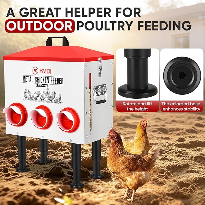 HVDI 30lbs - 40lbs Large Automatic Chicken Feeder, Adjustable Stand, 6 Feeding Ports, Sloped Roof Rainproof Design Poultry Feeder (Small)