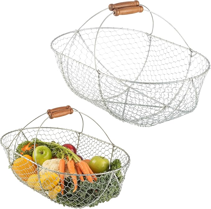 Garden Harvest Basket 2-Pack - Large and Small Gathering Hod for Veggies, Picnic or Farmhouse Decor - Rust-Resistant Mesh and Wood Handle Chicken Egg Basket for Collecting Eggs by Kings County Tools
