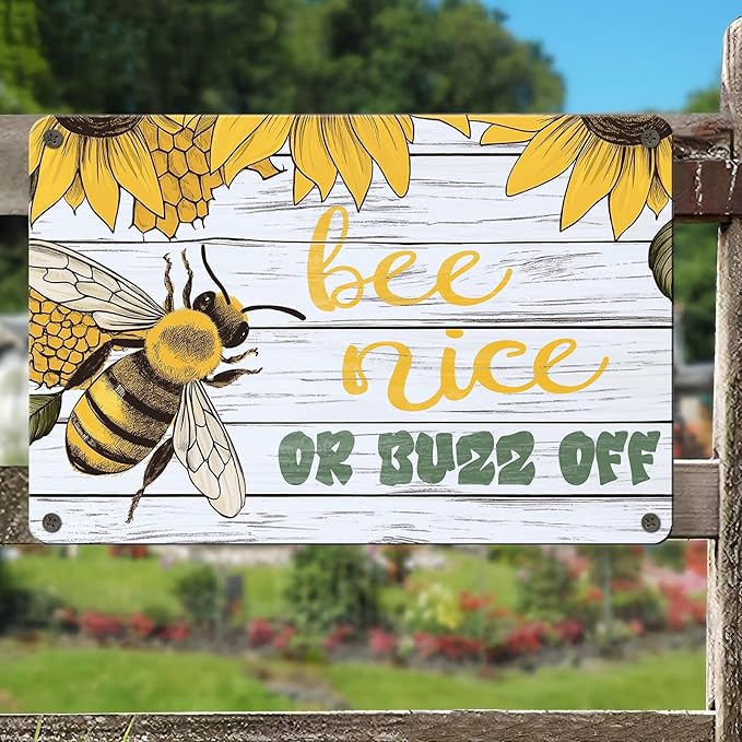 Bee Nice or Buzz Off Decor Sign Vintage Metal Tin Sign Country Farmhouse Decor Home Decor Rustic Farmhouse Decorations for The Home 12x16inch