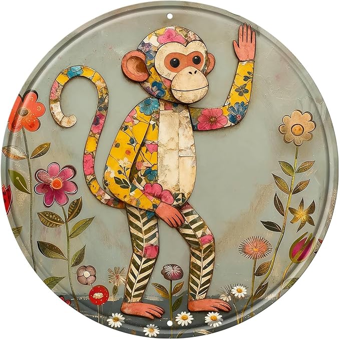 Monkey Round Metal Tin Sign Wreath Farm Flowers Rustic Vintage Wall Art Decor for Home Garden Porch Yard Farmhouse Outdoor Decor 12x12inch
