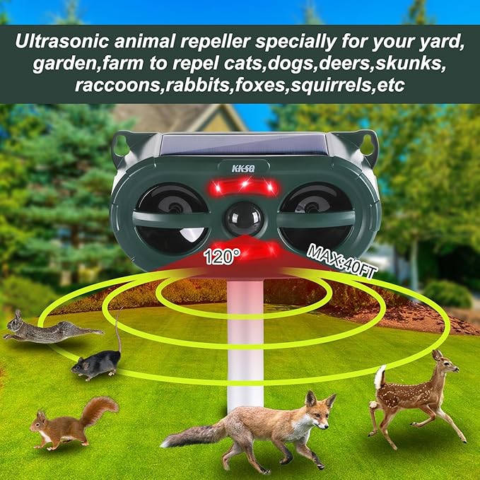2025 Upgraded Solar Ultrasonic Animal Repellent Outdoor Indoor, Waterproof Motion Activated Deterrent Repel Deer Cat Dog Bird Rabbit Squirrels Raccoon Skunk with Red-White Flash Lights for Garden Yard