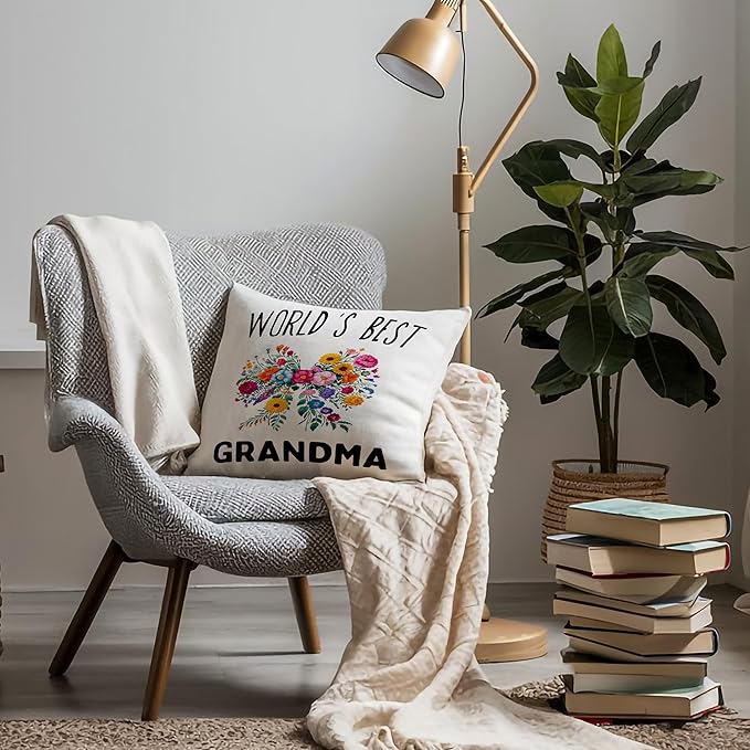 World's Best Grandma Pillow Covers 18x18, Best Grandma Gifts for Birthday Mother's Day from Grandkids, Coquette Colorful Flower Bow Grandmother Throw Pillow Covers for Home Bedroom Living Room