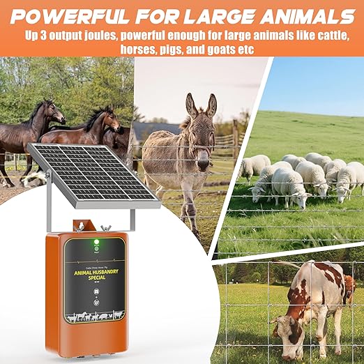10-Mile Livestock Electric Fence, 24-Hour uninterrupted Discharge to Drive Away Wild Animals, 12W Solar Panel Fast Charging, Built-in Large-Capacity Battery, can Last for X Hours