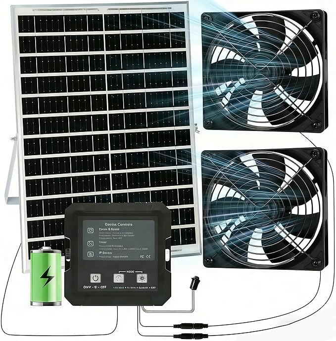 25W Solar Fan for Chicken Coop with Battery and 2000mAh Battery, 3 Smart Modes, 4.7" Dual Fans, Solar Shed Fan & Solar Exhaust Fan for Greenhouse, Dog House, Attic & Outdoor Cooling