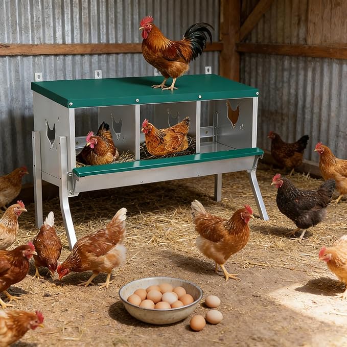 Chicken Nesting Box 3 Compartment with Legs 10 Pet Moisture Pads and 4 Fake Eggs Roll Away Egg Collection, Perch, Lid Cover for Egg Protection - Wall Mount Nest Box for Chickens, Hens, Ducks