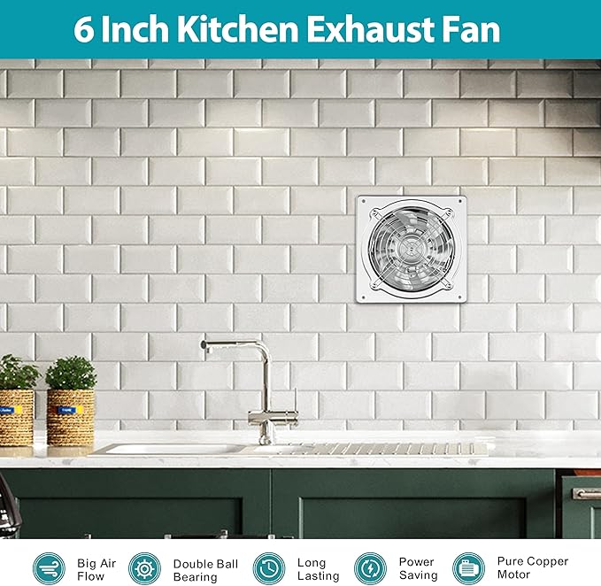 HG Power 6 Inch Exhaust Fan: Kitchen Exhaust Fans with Switch Portable Attic Vent Fan with 8 Feet Power Cord Plug-in Garage Ventilation Fan with Damper Shop Chicken Coop Basement Smoking Room Silver