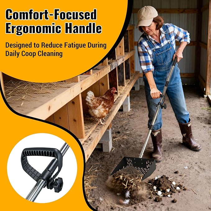 PETNF 2-in-1 Chicken Poop Scooper & Rake with Ergonomic Non-Slip Handle, Adjustable Stainless Steel Handle (30–80"), Large Capacity Basket, Multifunctional Heavy-Duty Scooper, Easy to Install & Clean