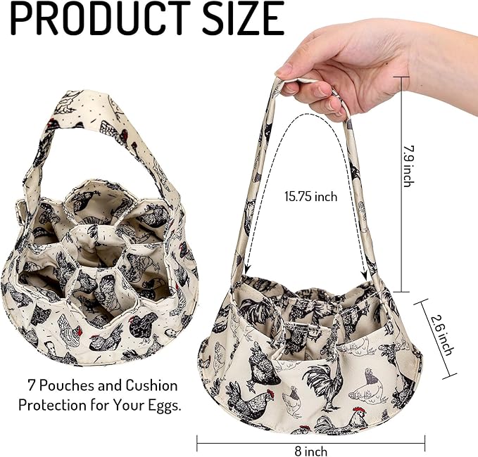 JarThenaAMCS 2Pcs Egg Bags with 7 Pouches Egg Collecting Basket Canvas Egg Gathering Bags for Farmhouse Garden Coop Hen Chicken Duck Goose Egg Storage, 8 x 2.6 Inch