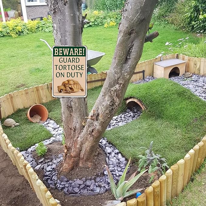Tortoise Habitat Accessories Turtle Enclosure Decor - Outdoor Habitat Setup for Sulcata Tortoise, Beware Guard Tortoise On Duty Metal Tin Sign Gifts for Tortoise Lovers 8x12 Inch