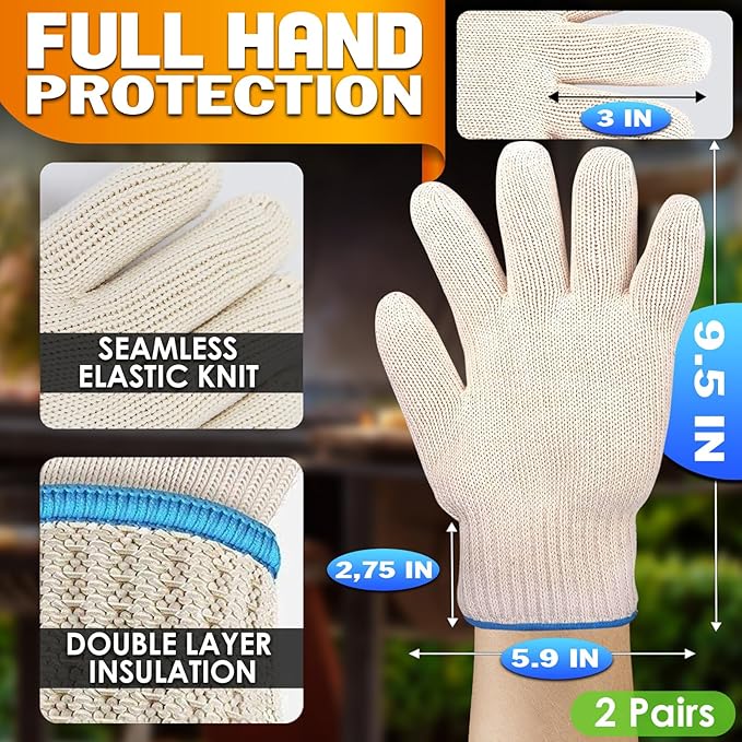 2 Pairs Heat Resistant Gloves for Grilling - 9.45 Inch Durable Aramid Oven Gloves with Fingers - Full Hand Protection, Functionality, Easy to Use, Multipurpose for Baking, Roasting, Frying, and More