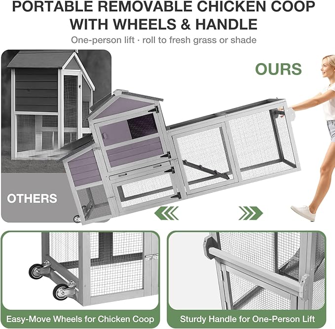 Large Chicken Coop with Wheels, Wooden Hen House with Run & Nesting Box, for 3-5 Chickens, Waterproof Asphalt Roof, Ramp & Leakproof Tray, Expandable - Grey