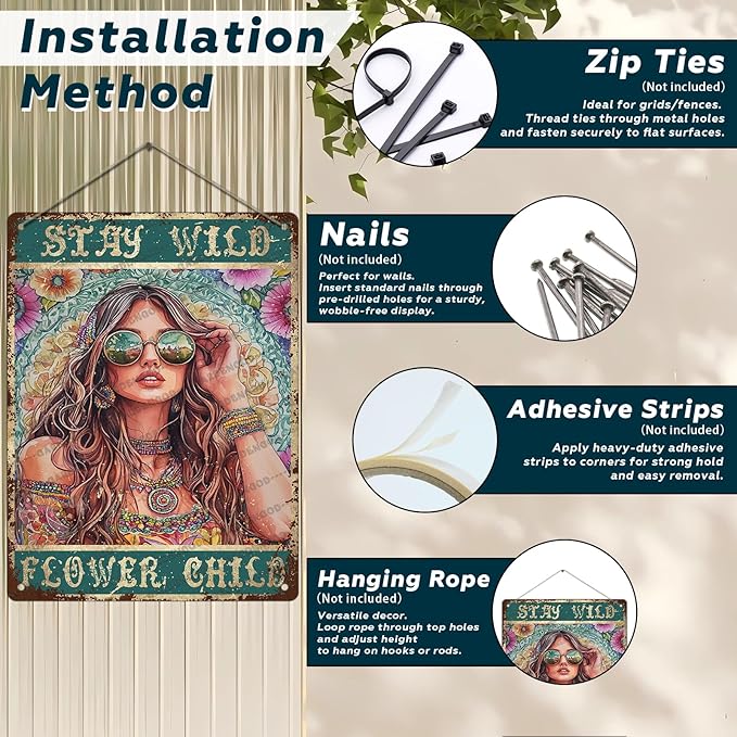 HARIKUIYIN Rustic Retro Metal Tin Sign Stay Wild Flower Child Girl Flowers Wall Art Metal Poster Home Wall Decoration Bar Office Kitchen Home Bedroom Courtyard Decoration Sign 16x12 Inch
