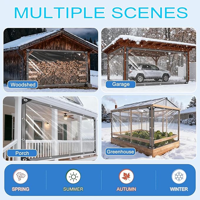 12x12 FT Clear tarp Waterproof Heavy Duty,Plastic Tarp Edge Heat Fused Rope+Tie-Downs, with Outdoor Patio Enclosure Chicken Coop Cover Waterproof Transparent Tarpaulin, for Porch Greenhouse Plant