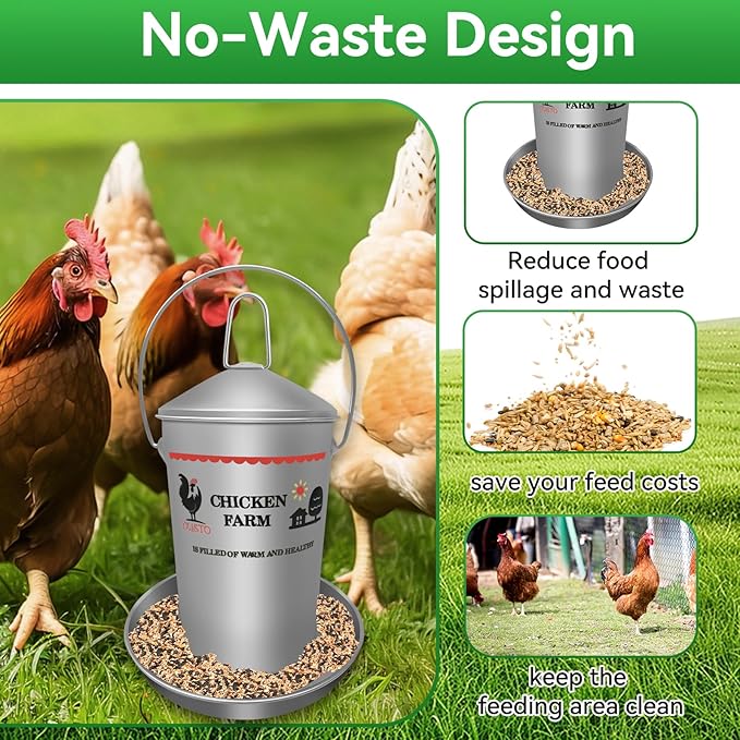 8.8 Lb Stainless Steel Poultry Feeder, Automatic Chicken Feeder No Waste, Hanging Chicken Feeder Heavy Duty Reliable Long-Lasting with Handle, Top Filled