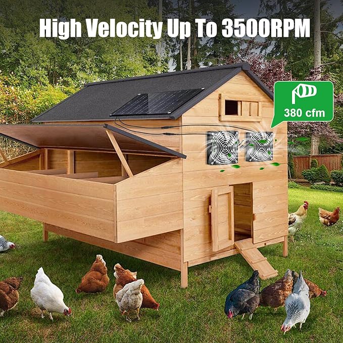 Chicken Coop Fan Solar Powered,25w Solar Panel Powered With Dual Ip67 Waterproof Fans For Green House，Shed,Dog House,2 Way Air-Flow Intake Or Exhaust Chicken Coop Fan Solar